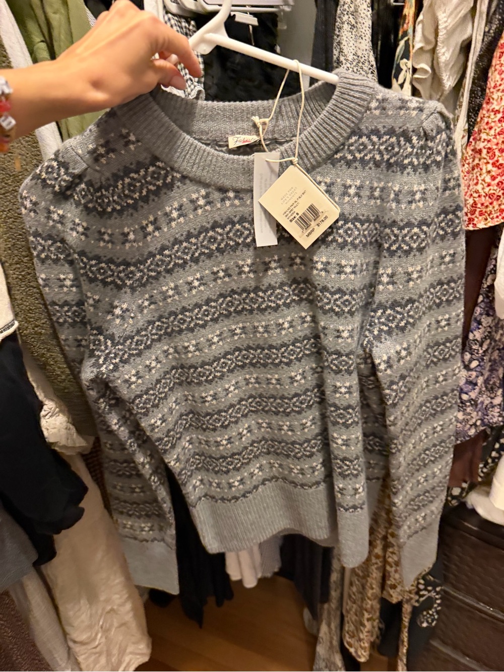Faherty Women's Grey Fair Isle Crewneck Sweater